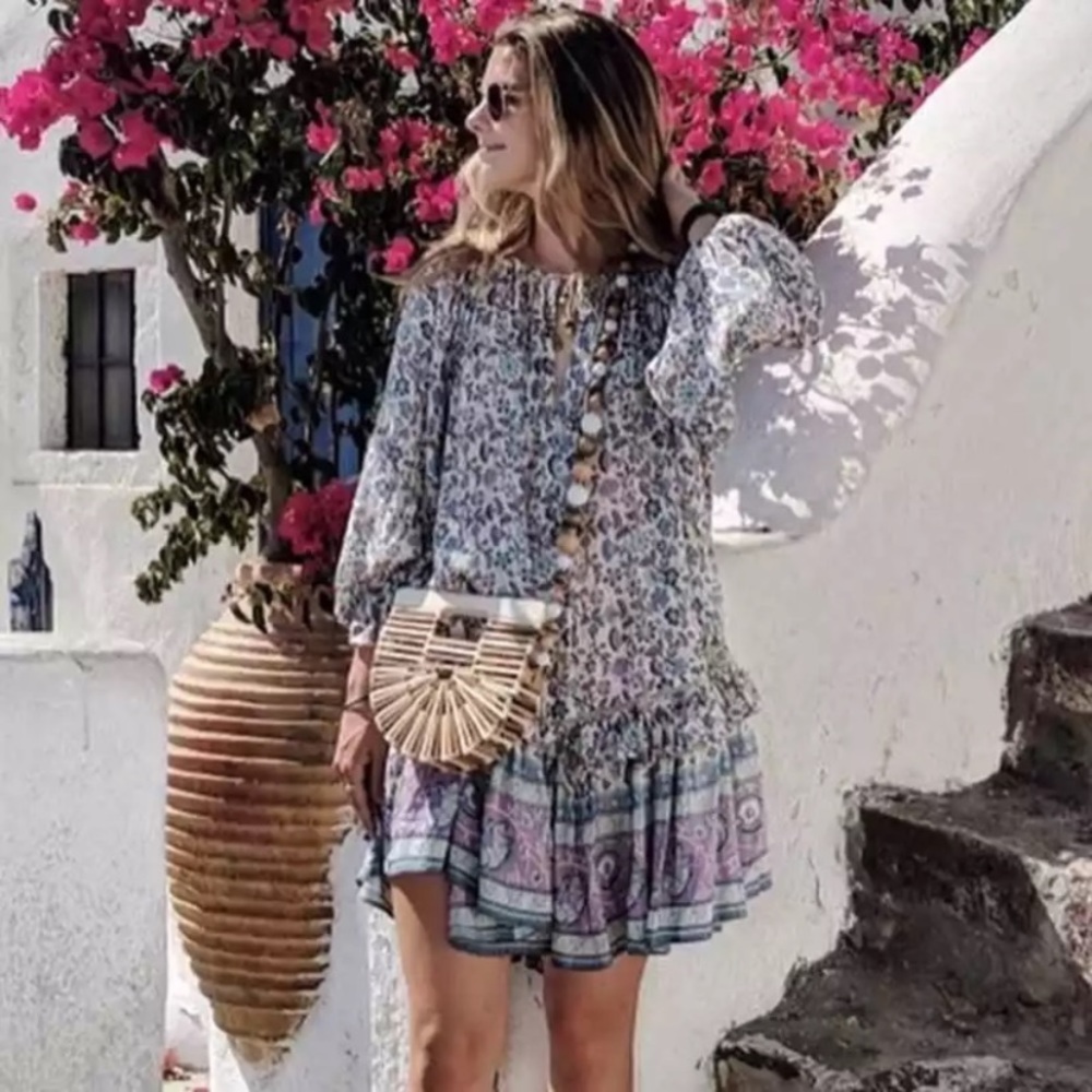 SOLD OUT Purple & Teal Gypsy Boho Festival Floral Dress - Picture 3 of 9